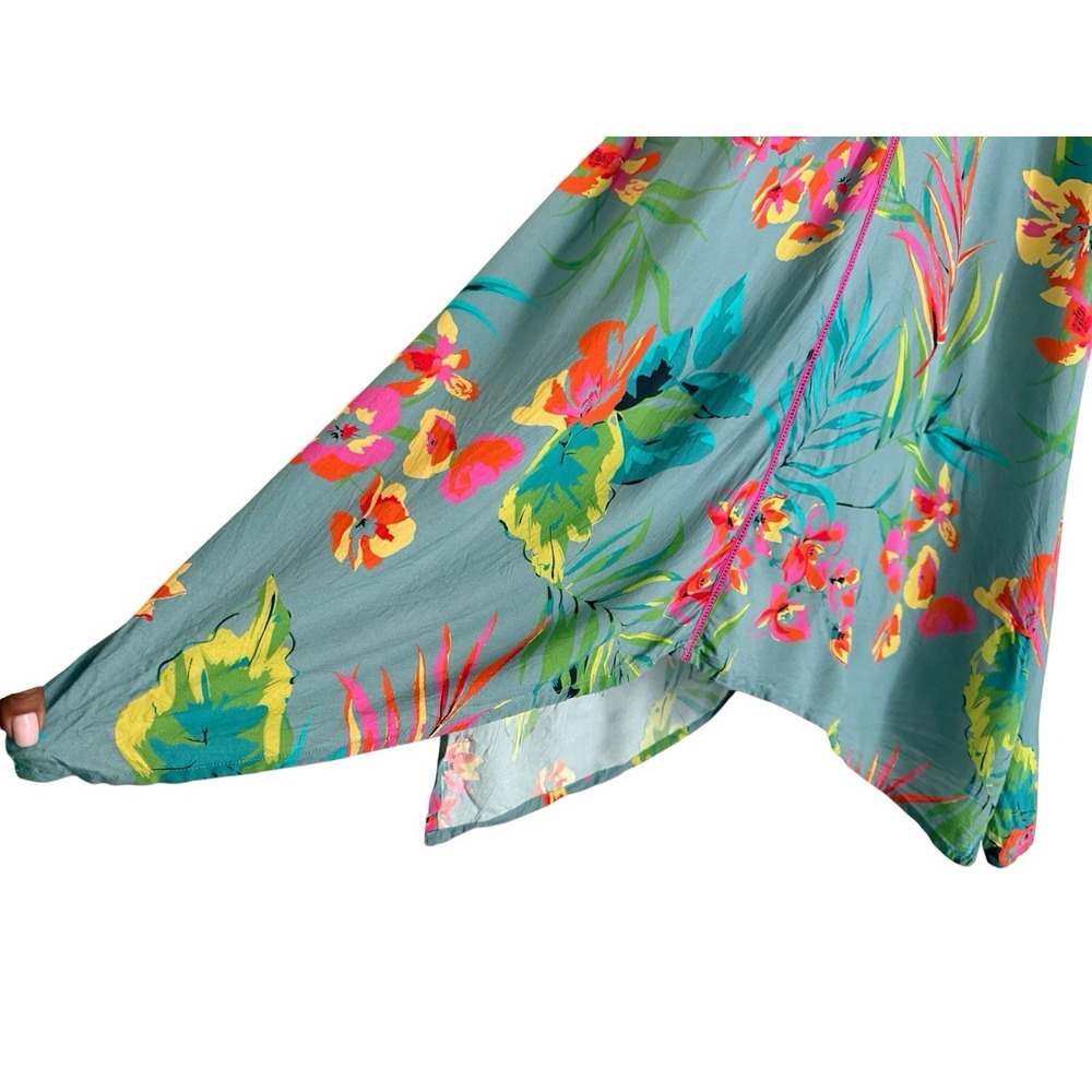 Natural Life Floral Midi Dress XS Scarf Swing Tropical Boho Teal Pink *Read* - Picture 8 of 15